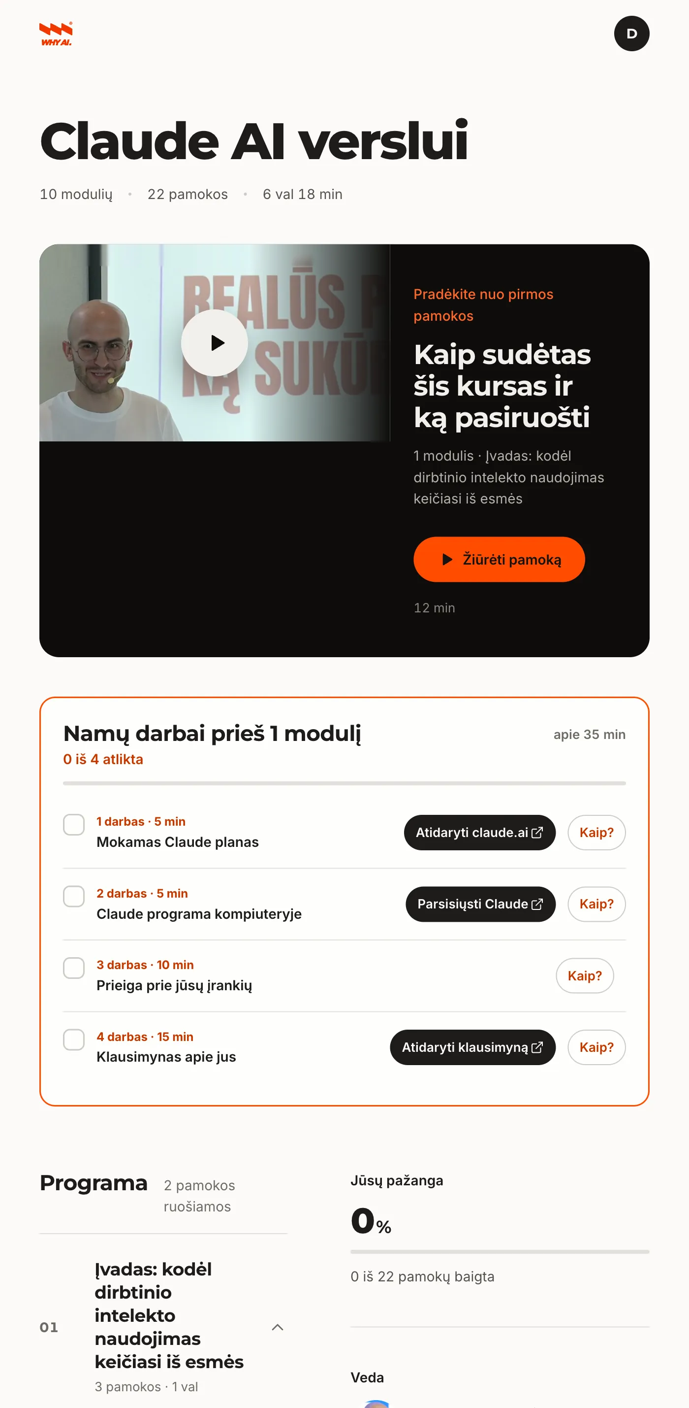 Kurso platforma: 10 modulių, 22 pamokos